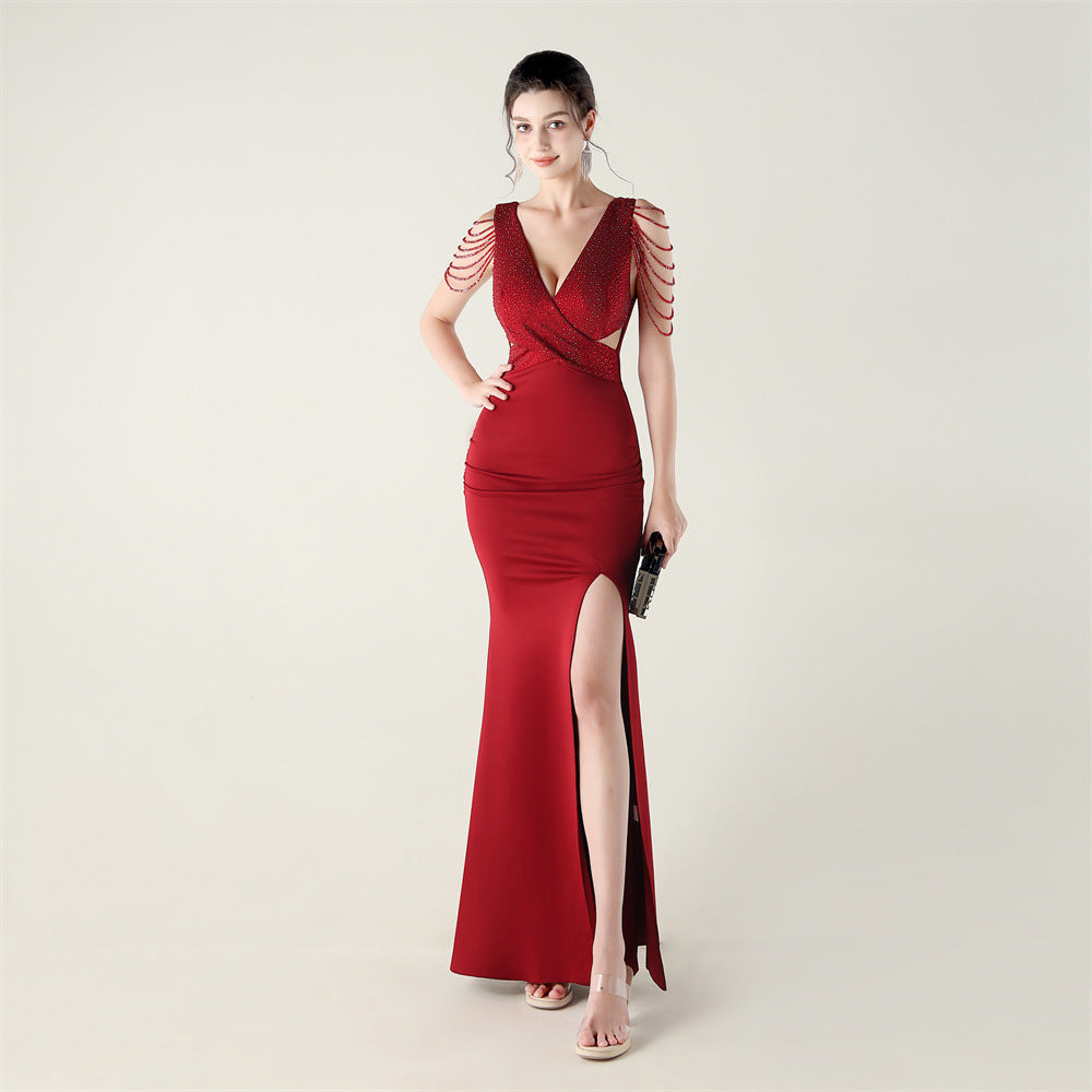 Beaded Slim Fit Dress V Neck Slit Gown | noémi
