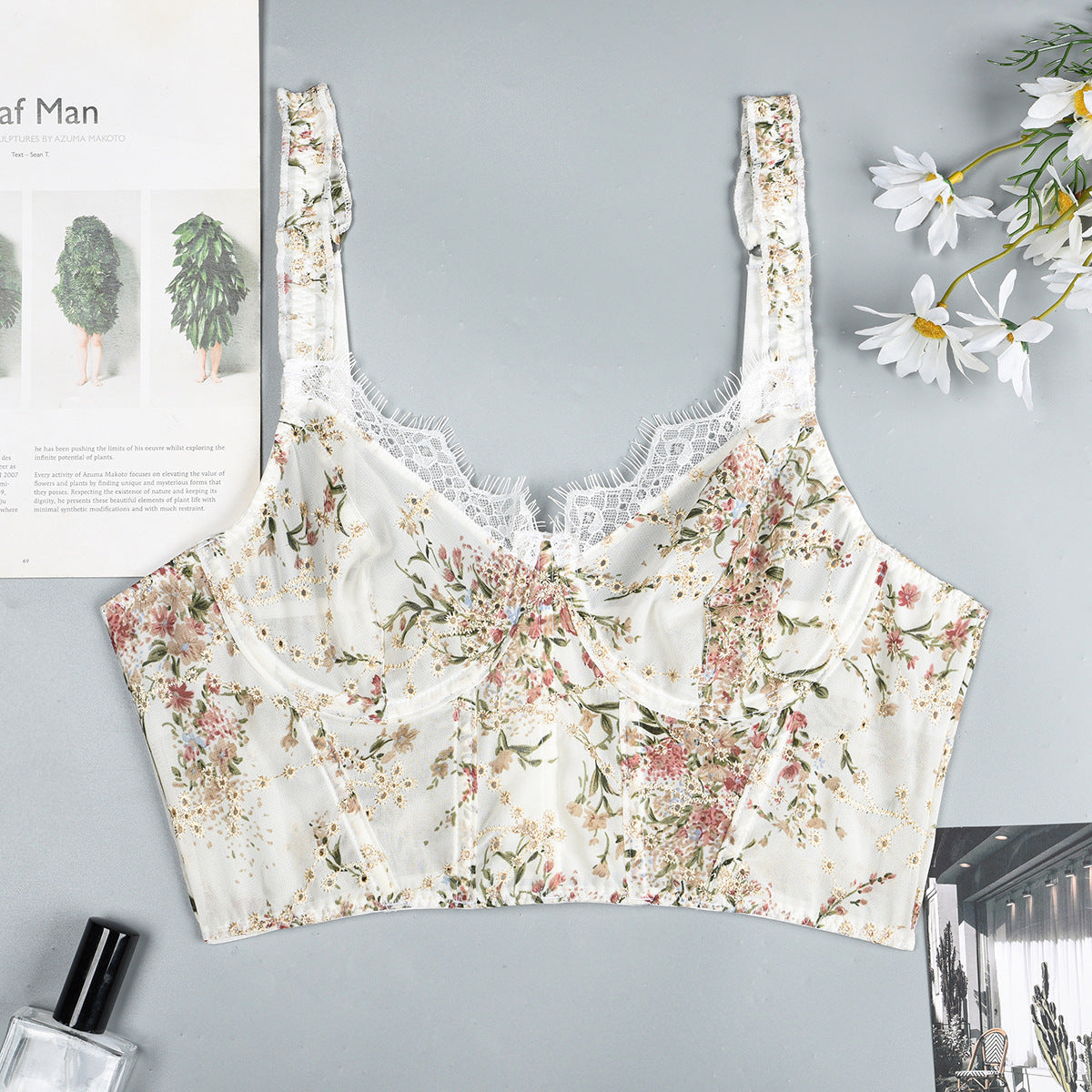 Lace Embroidered Corset Top | Floral Chiffon Bralette with Boning | Adjustable Straps | noémi