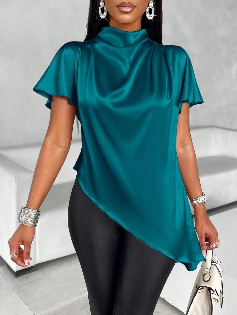 Satin Blouse | High Neck Short Sleeve Top in Champagne | noémi