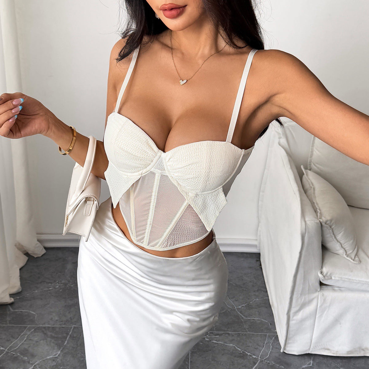 See Through Mesh Patchwork Diamond Boning Corset Vest | Suspenders Top for Women | noémi