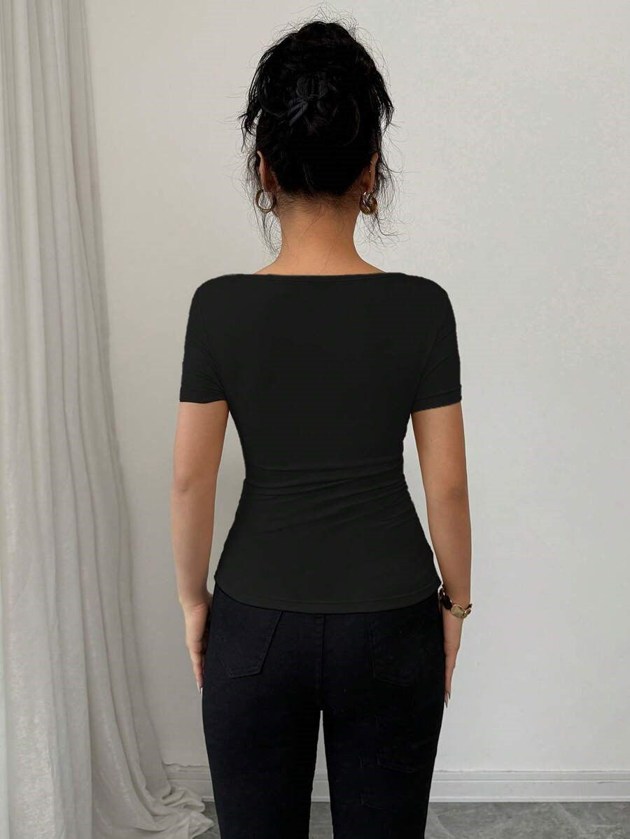 Women’s Asymmetric Pleated Short Sleeve TShirt | Embellished Collar | noémi