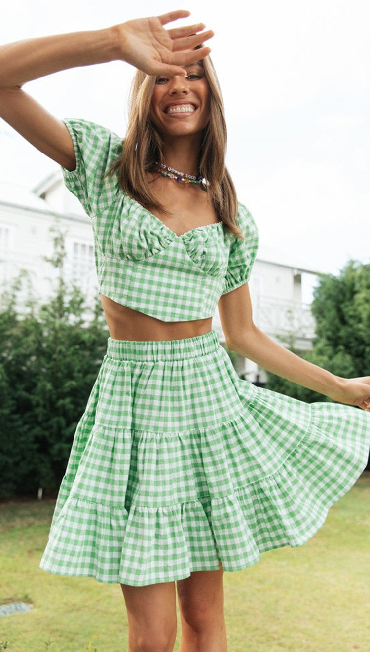 Plaid Backless Crop Top & Tiered Skirt Set | Gingham Two Piece Co Ord | noémi