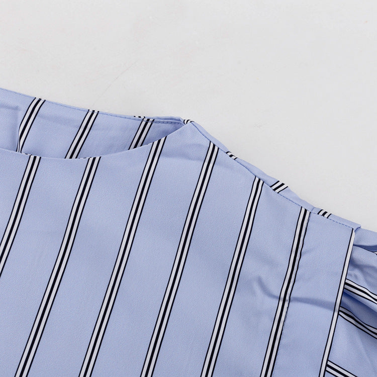 Womens Striped Two Piece Skirt Set | Long Sleeve Round Neck Pullover Top with Tie Waist | noémi