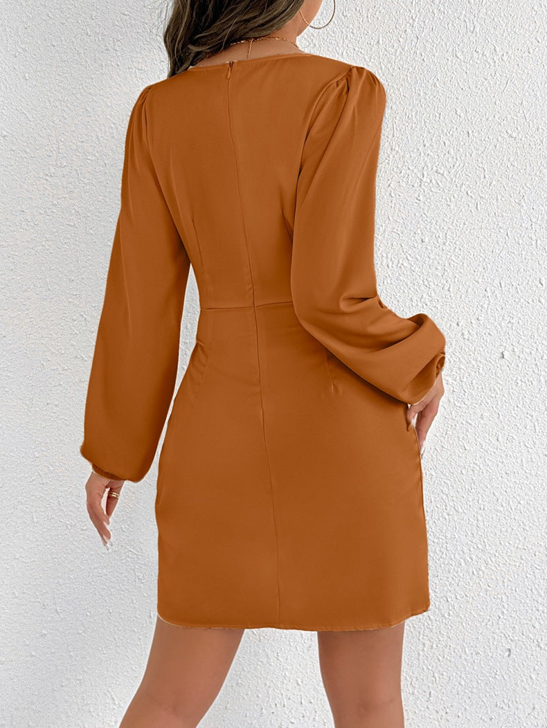 Women’s Satin Wrap Dress | Deep V Neck, Long Sleeve, Bodycon Mini | noémi
