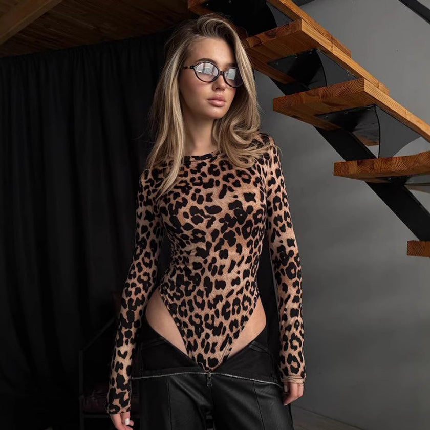 Knitted Leopard Print Jumpsuit | Long Sleeve Round Neck Slim Fit | noémi