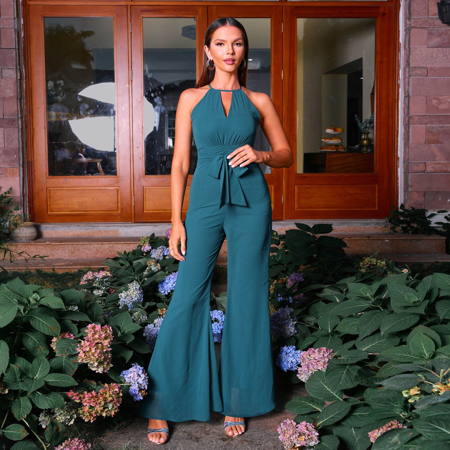 Teal Halter Sleeveless V Neck Slim Fit Jumpsuit with Tie Waist | noémi