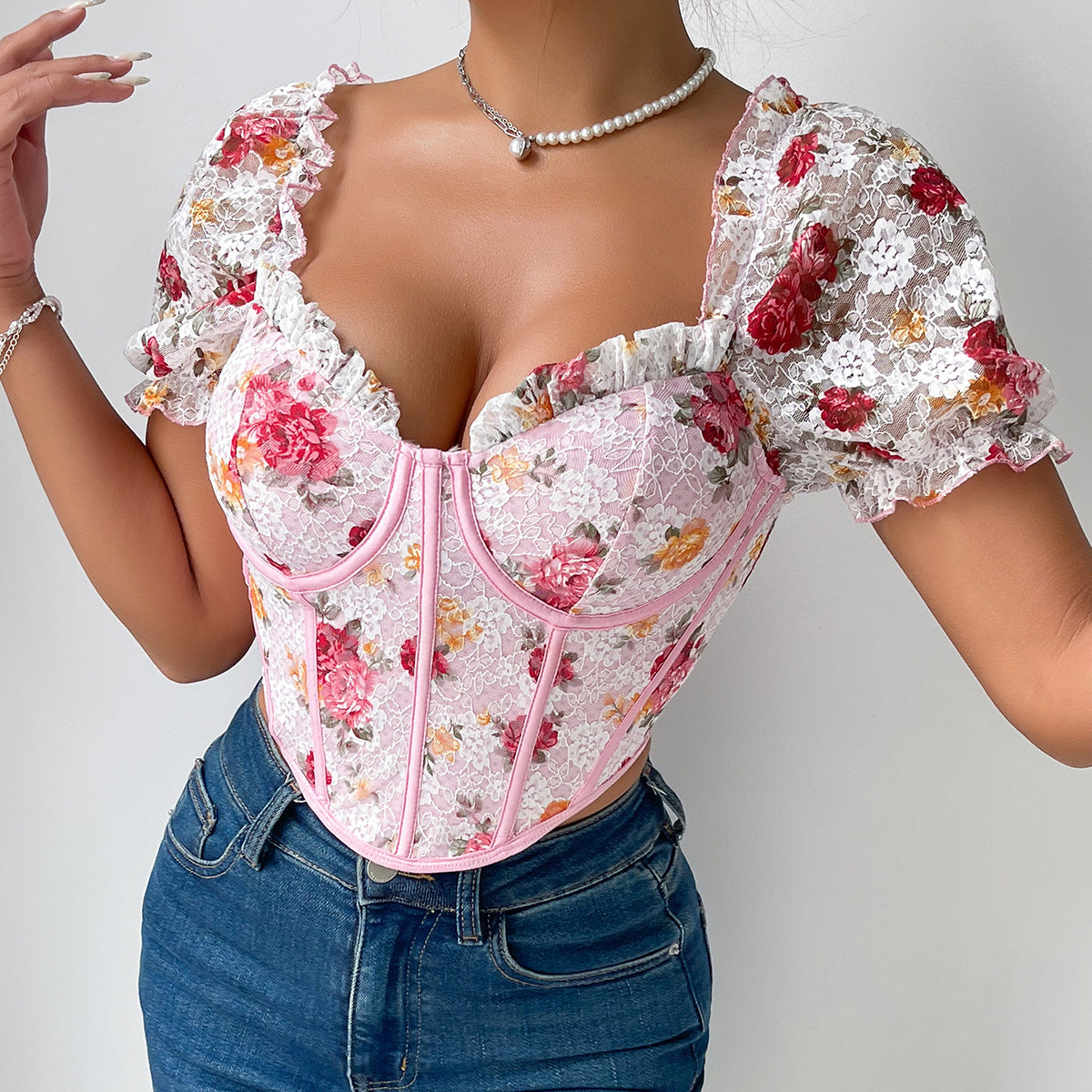 Women’s Floral Embroidered Puff Sleeve Corset Top | Lace Up Bustier Crop Blouse | noémi