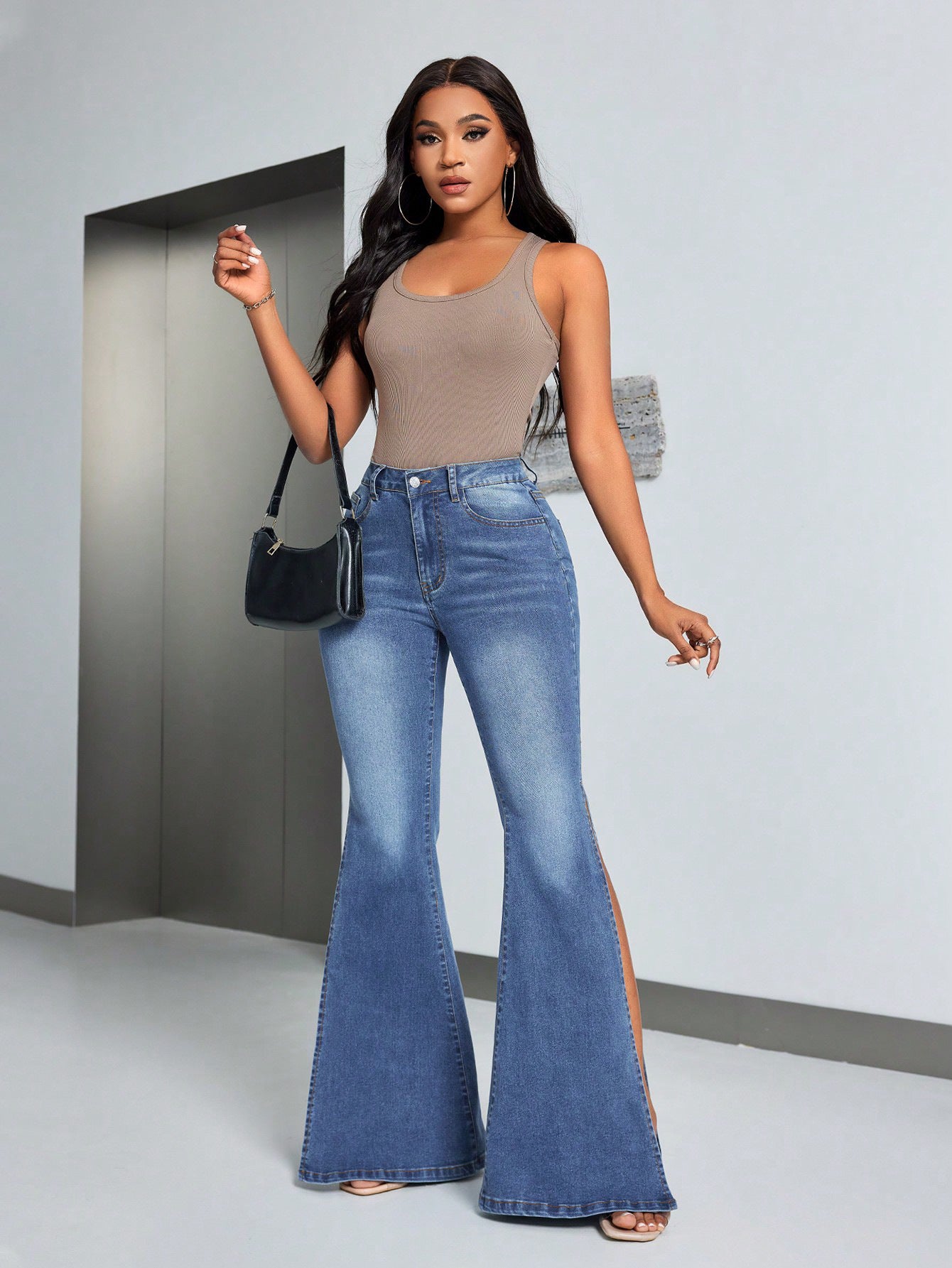 High Waist Bell Bottom Jeans | Slim Fit, Stretch Denim, Split Hem Flare Pants | noémi