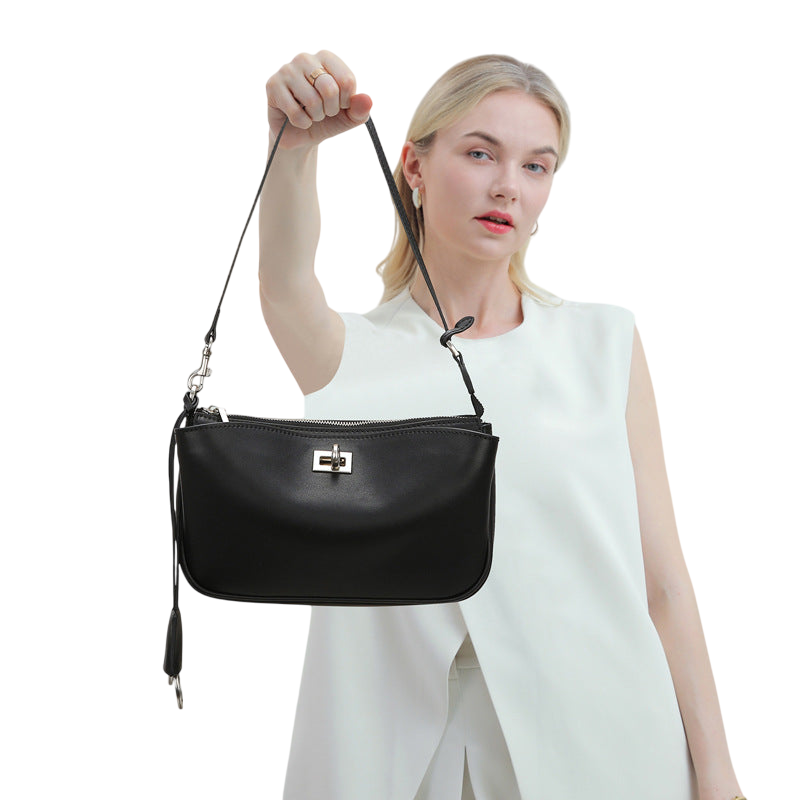 Women’s Black Messenger Shoulder Bag – Faux-Leather, Silver Buckle, Office-Ready | noémi
