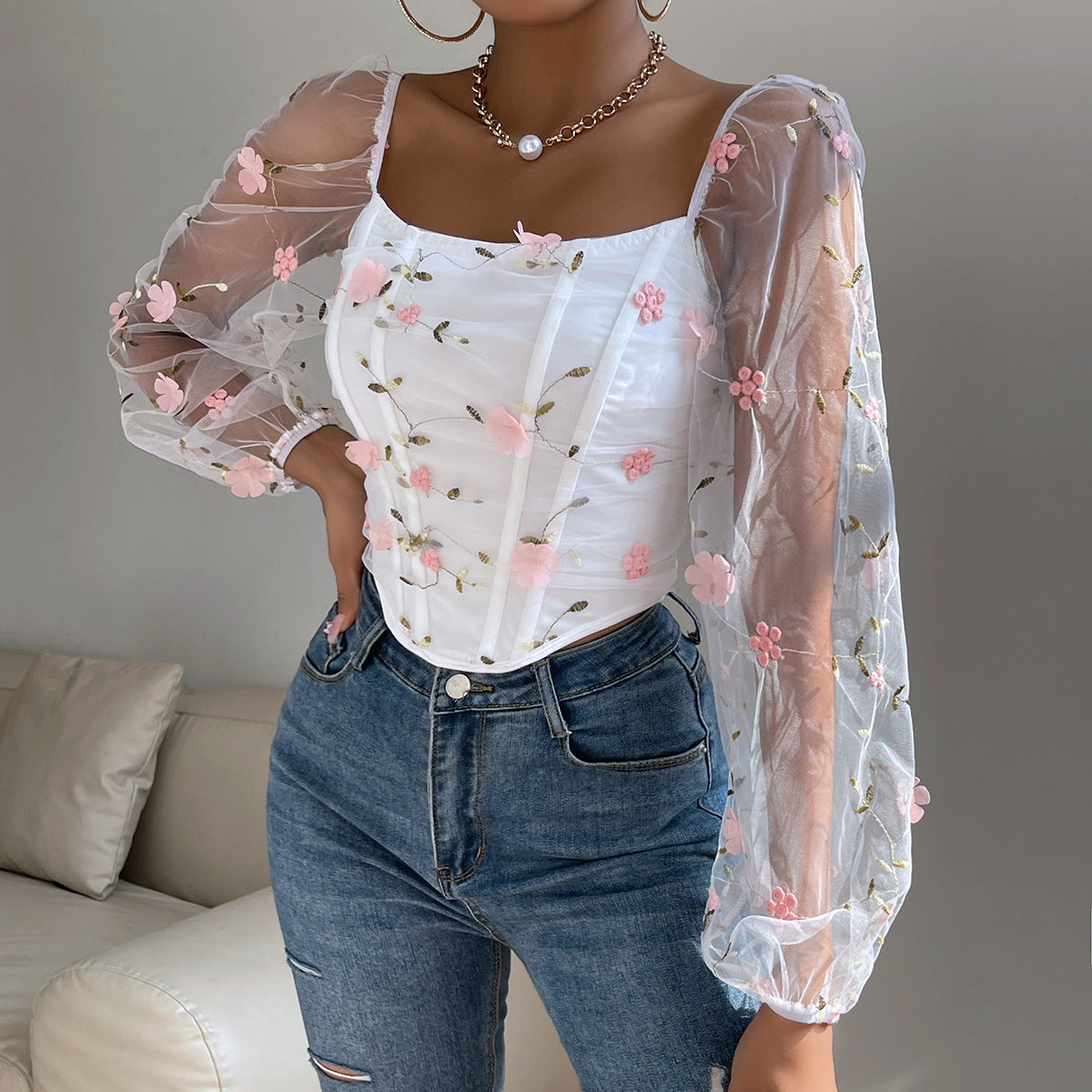 Floral Embroidered Mesh Corset Top | Sheer Long Sleeve Boned Bra | noémi