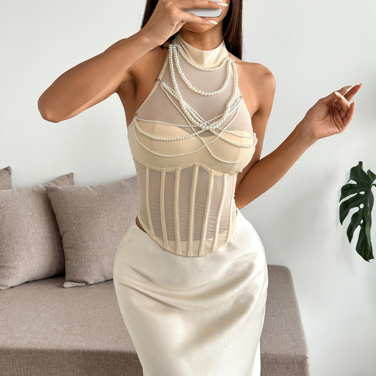 Pearl Embellished Corset Satin Maxi Top | Backless Halter | noémi
