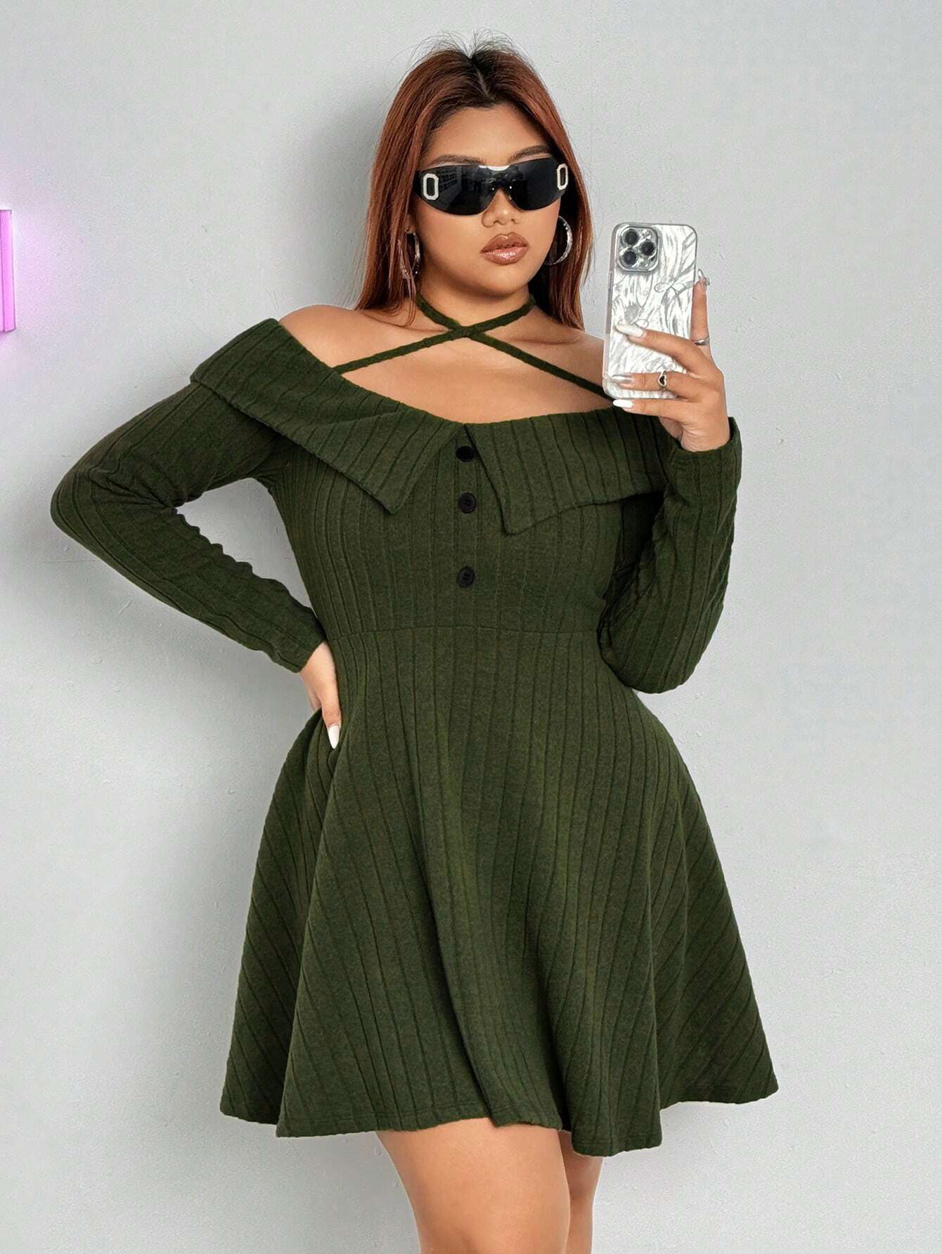 Off Shoulder Ribbed Knit Mini Dress with Criss Cross Halter Straps | noémi