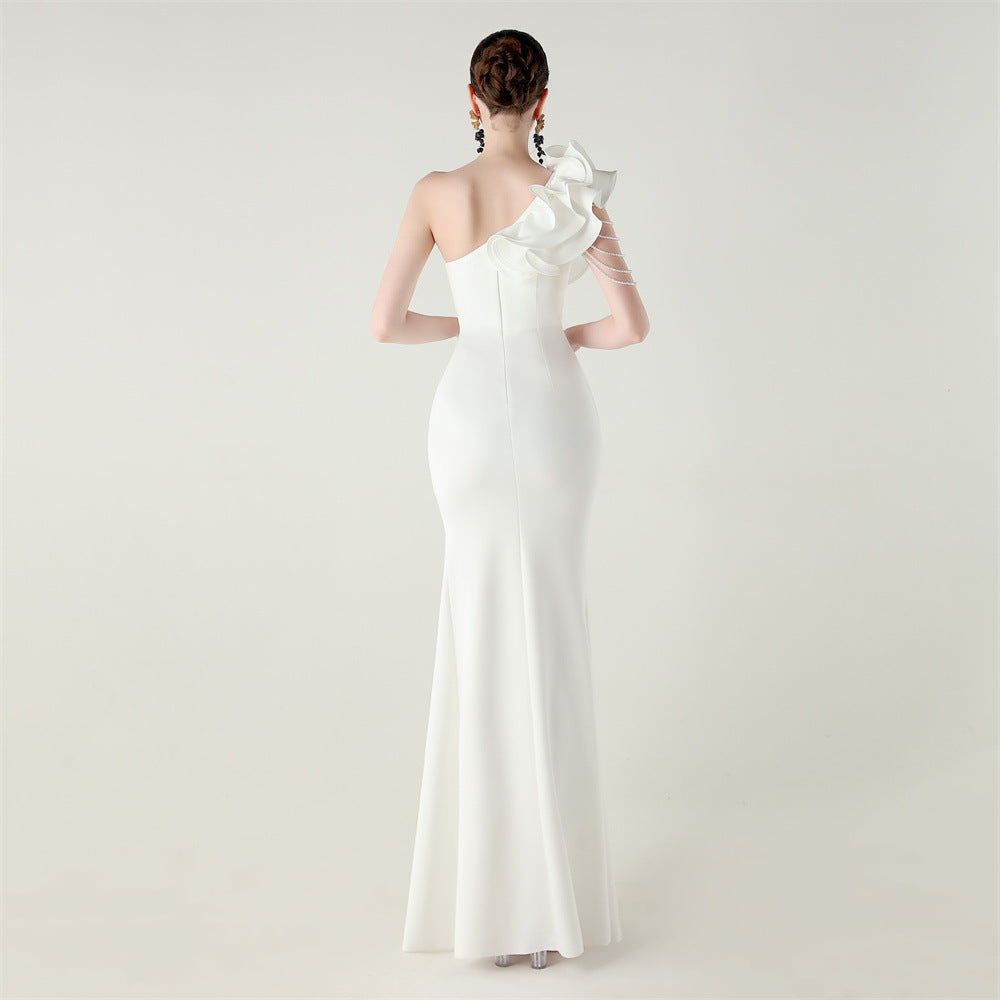 One Shoulder Ruffle Dress with High Slit | Craft Beaded Floral Satin Detail | noémi