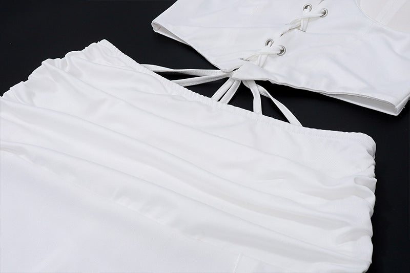 Two Piece Set | Lace Up Crop Top Pleated Slit Skirt | Low Waist | noémi