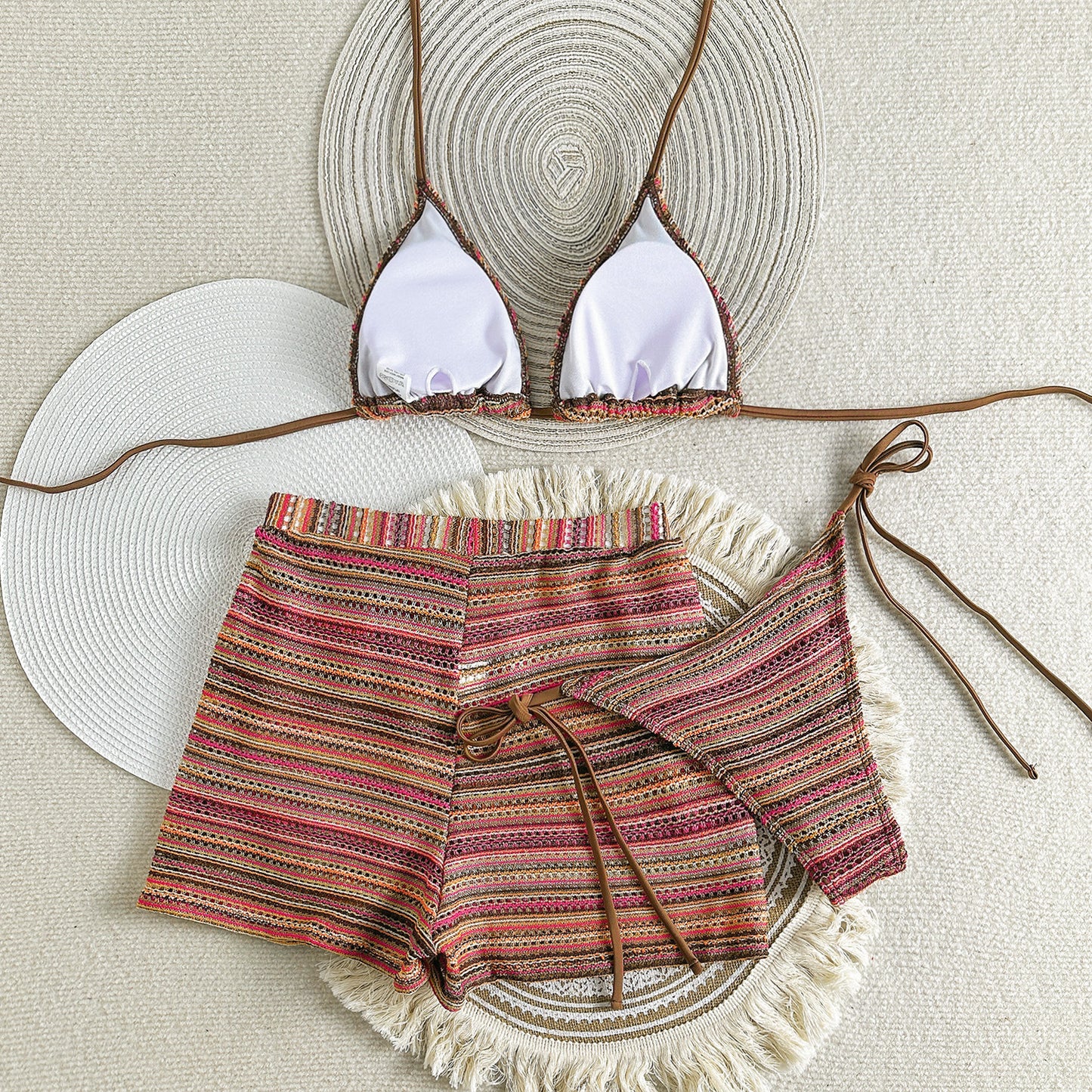 Knitted Halter Bikini with Contrast Colors Shorts | Three Piece Swim Set | noémi