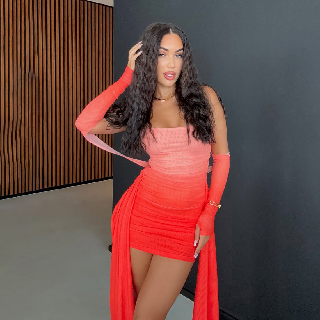 Mesh Sleeve Bodycon Dress | Bandeau Halter Finger Fit Design with Ribbon Detail | noémi