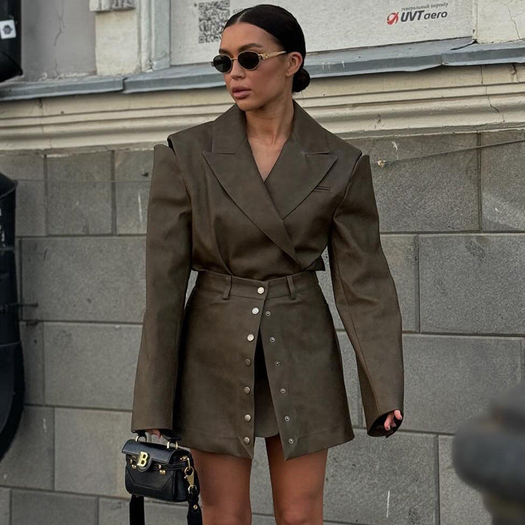 Women's Retro Faux Leather Skirt Set | Long Sleeve Cutout Top & High Waist Skirt | noémi