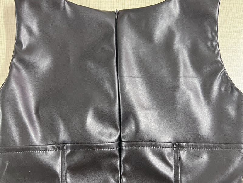 Faux Leather Mini Dress | Sleeveless Bodycon Club Dress, Black High Shine, Zipper Back | noémi