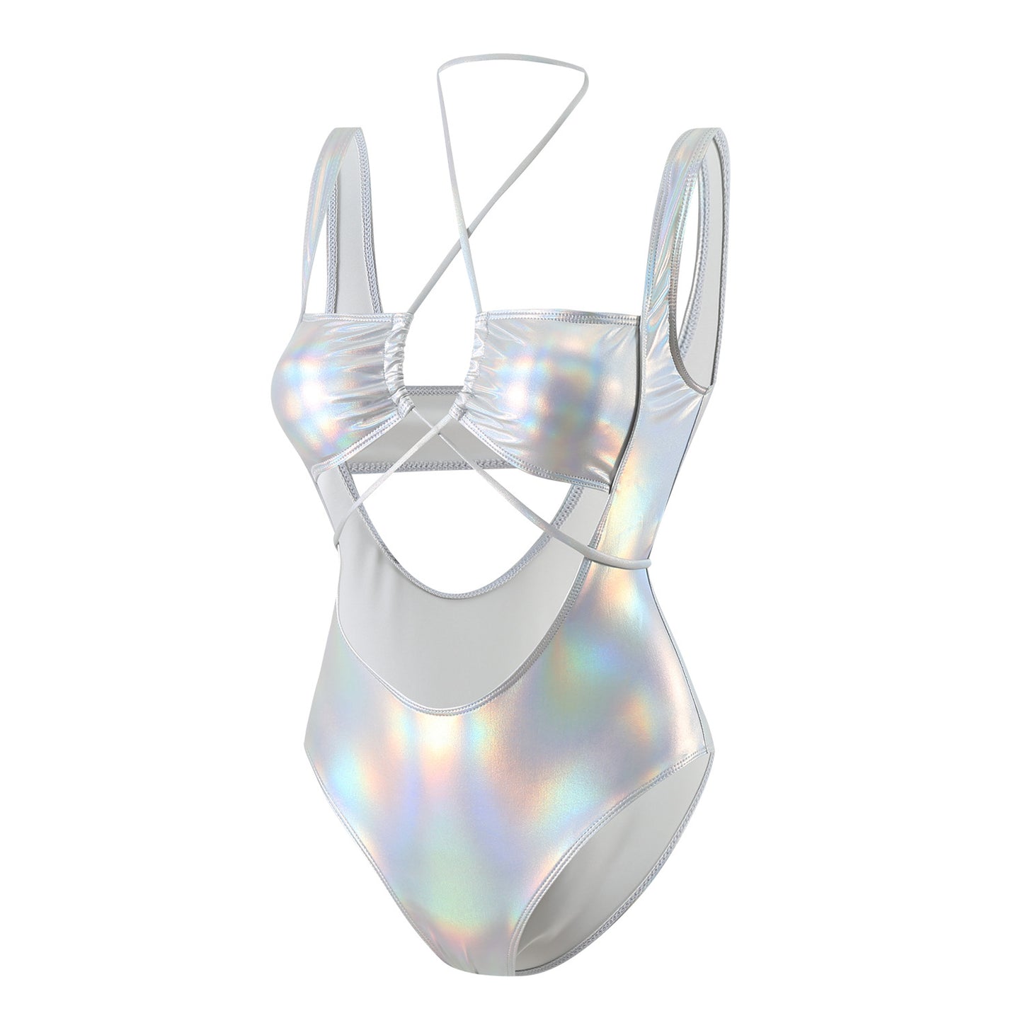 Laser Glossy One Piece Swimsuit with Hollow Drawstring Cutouts | noémi