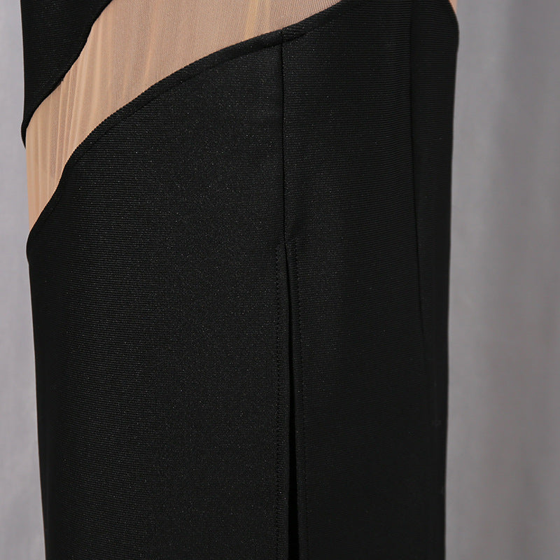 Womens Black Tube Dress with Side Slit and Sheer V Neck Detail | noémi