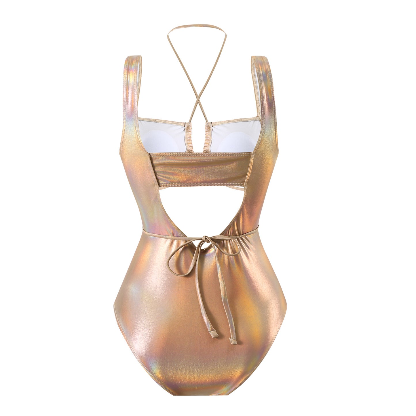 Laser Glossy One Piece Swimsuit with Hollow Drawstring Cutouts | noémi