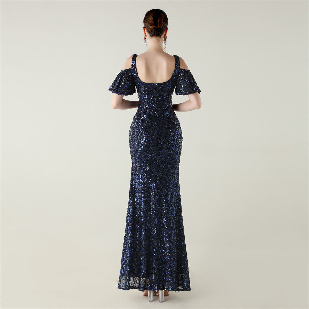 Sequin Dress | Floor Length Cold Shoulder Dress with Side Slit | Deep VPlunge High Slit Fishtail Dress Cocktail | noémi