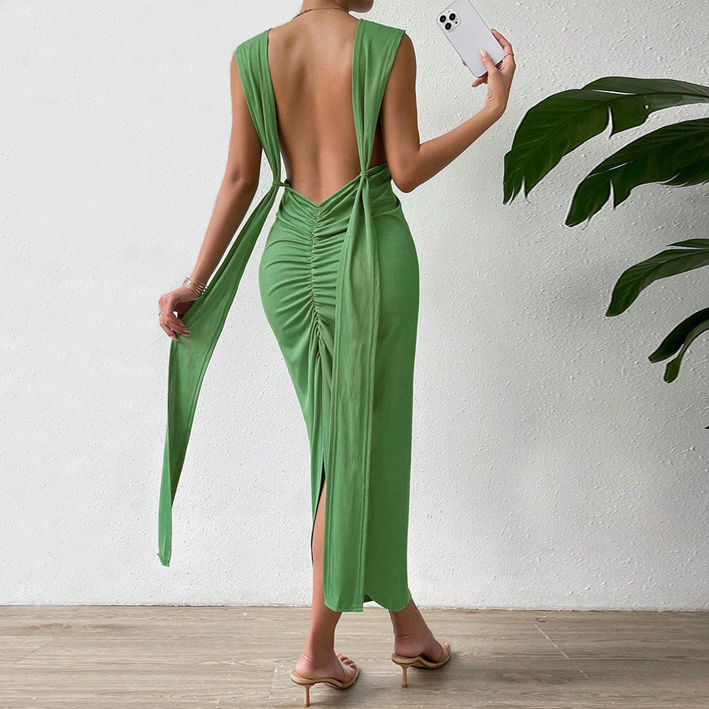 Backless Ruched Halter Maxi Dress | Sage Green | noémi
