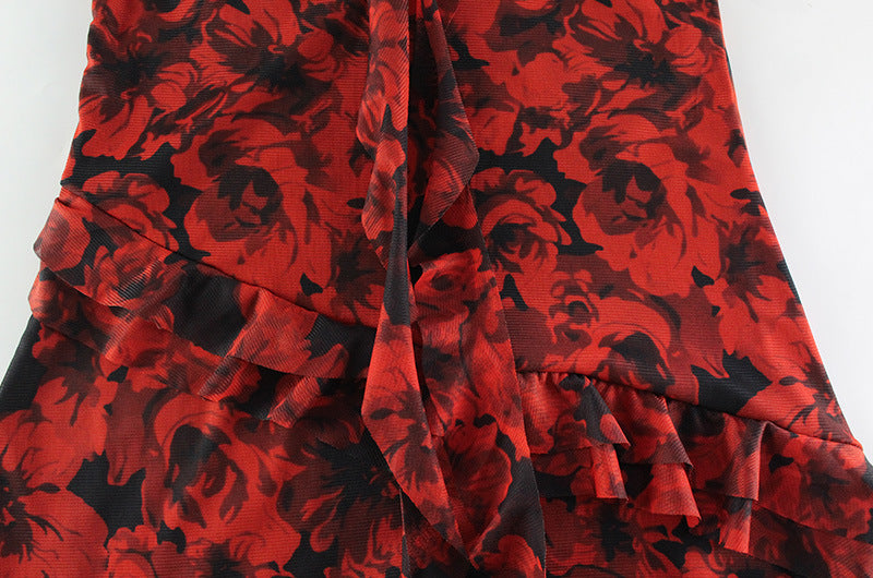 Red Hot Rose Mesh Dress | Irresistibly Elegant with a Daring Asymmetric Cut | noémi