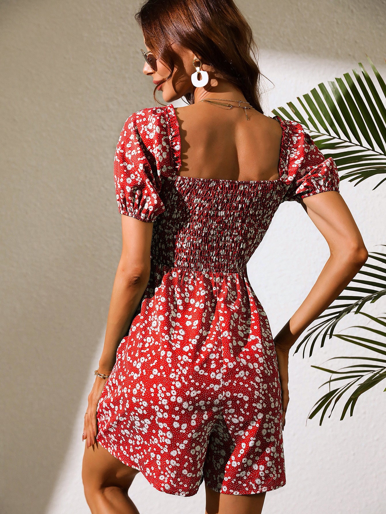 Womens Bubble Sleeve Romper | Square Neck, Backless, Elastic Waist Jumpsuit | noémi