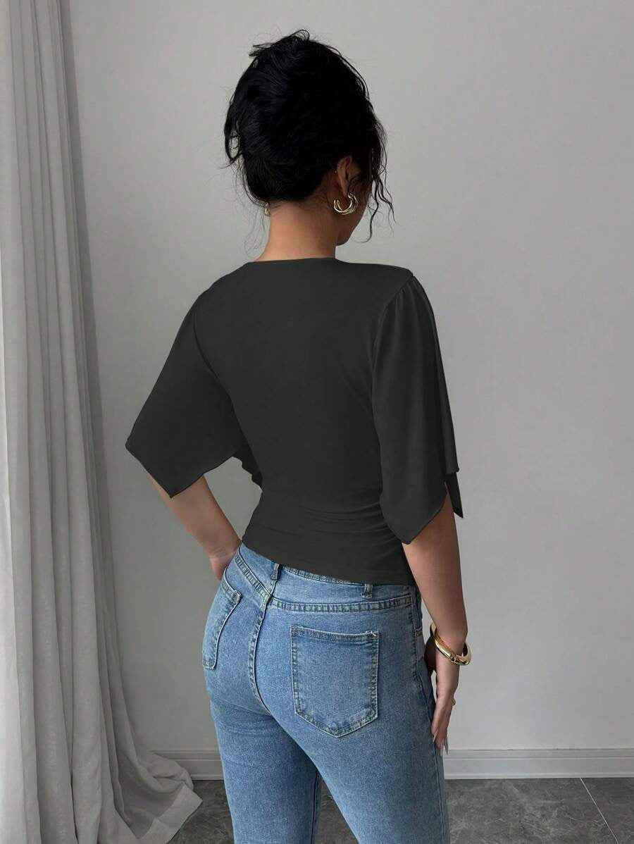 Pleated Pullover Bell Sleeve Solid Color TShirt | Women's Slim Fit VNeck Wrap Top | noémi