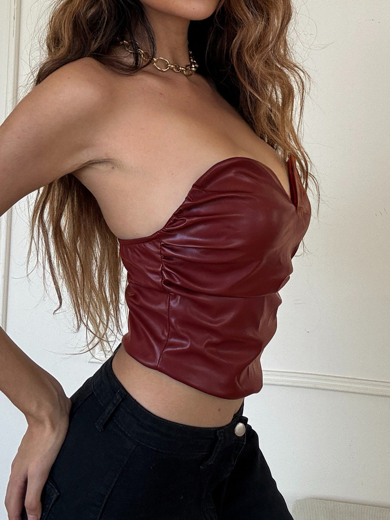 Faux Leather Bandeau Top | Asymmetric VNeck, Pleated Waist, Strapless, Wine Red | noémi
