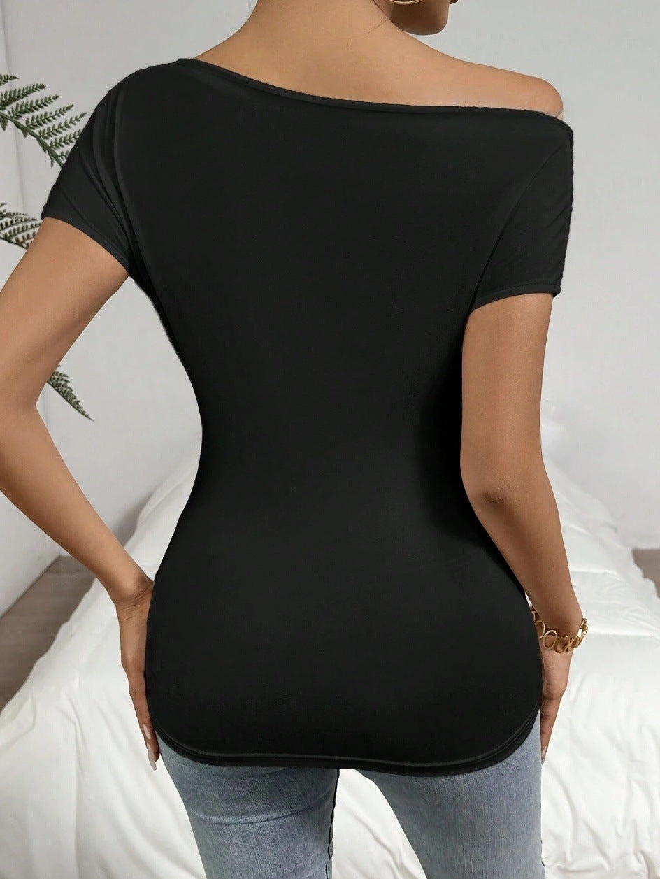 Cross Wrap Stretch Top | Off Shoulder Short Sleeve Fitted Tee | noémi