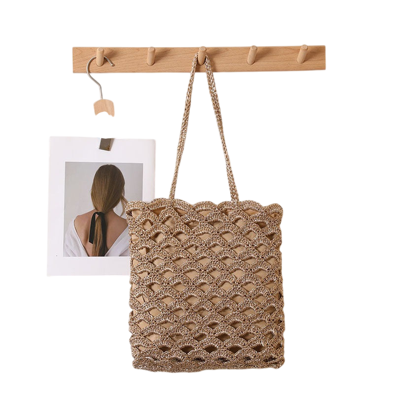 Wave-Weave Straw Shoulder Bag – Hollow-Out Woven, Silver/Natural | noémi