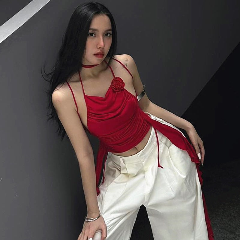 Bold Red Ruched Strappy Crop Top | Side Tie Tank | noémi