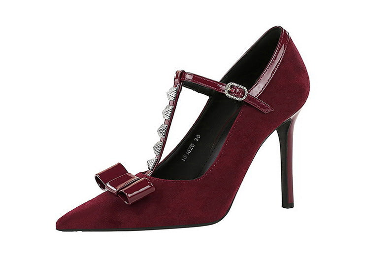 Women’s T Strap Suede High Heels | Pointed Toe, Bow & Rivet Detail | noémi