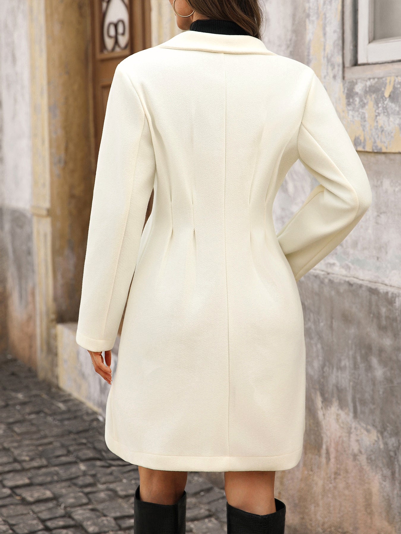 Womens Wool Coat | Double Breasted, Pearl Button Detail, Long Sleeve | noémi