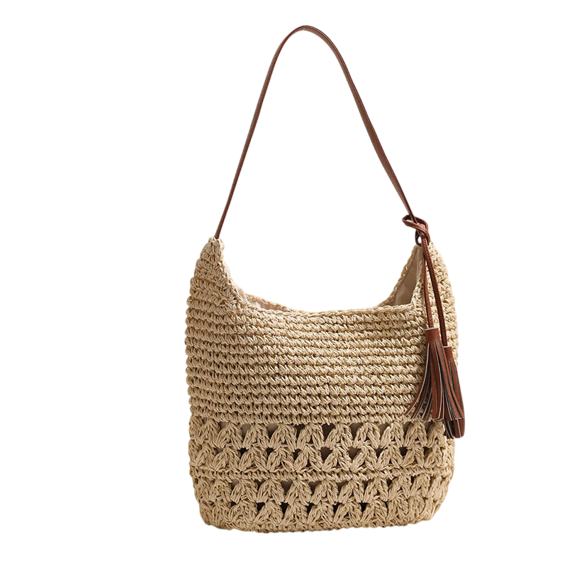Hollow-Out Straw Shoulder Bag – Tassel Boho Beach Tote, Natural | noémi