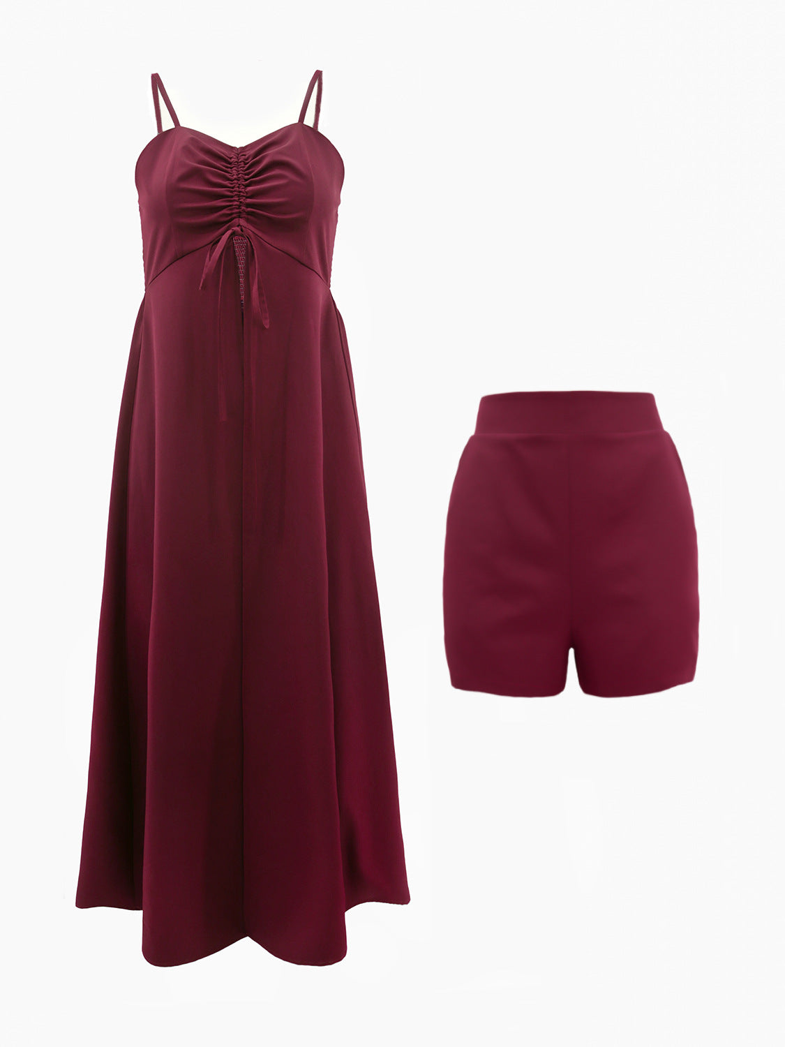 Women’s 2 Piece Cloak Dress & Shorts Set | Burgundy Suspender Strap & High Slit Overlay | noémi