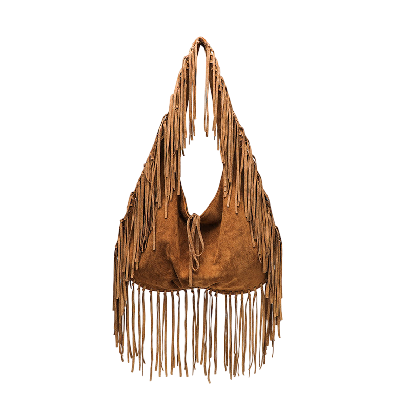 Light Brown Suede Tassel Crescent Tote – Large Capacity Dumpling Shoulder Bag | noémi