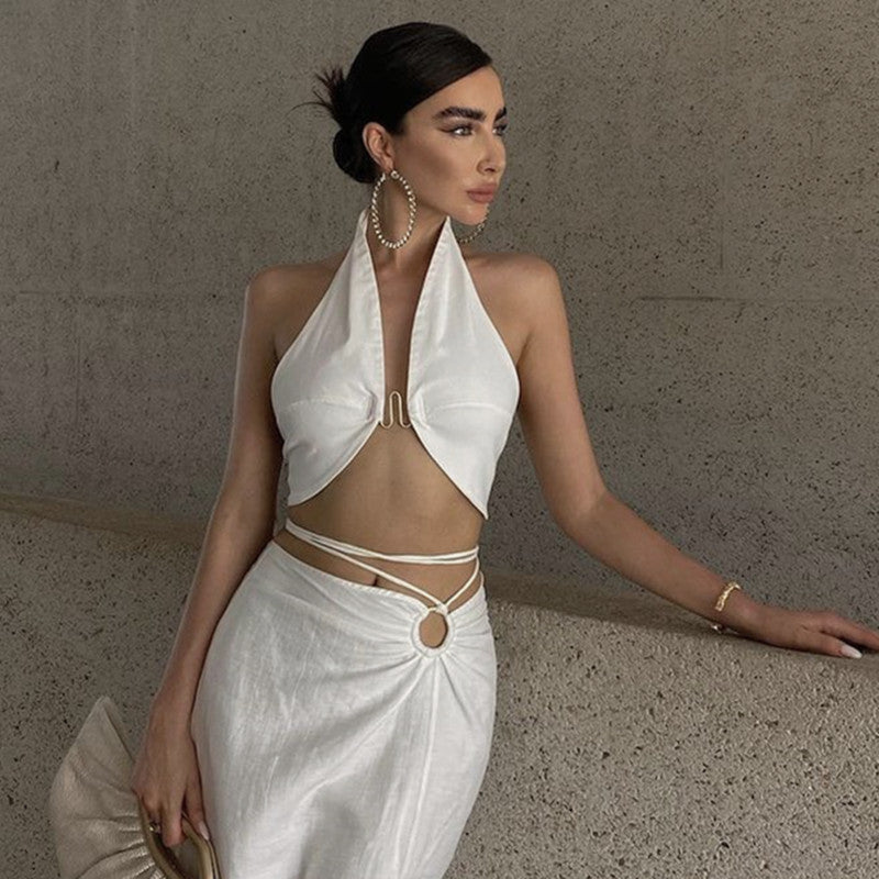 Halter Crop Top | V Neck, Backless, Ring Detail, White Beachwear Vest | noémi