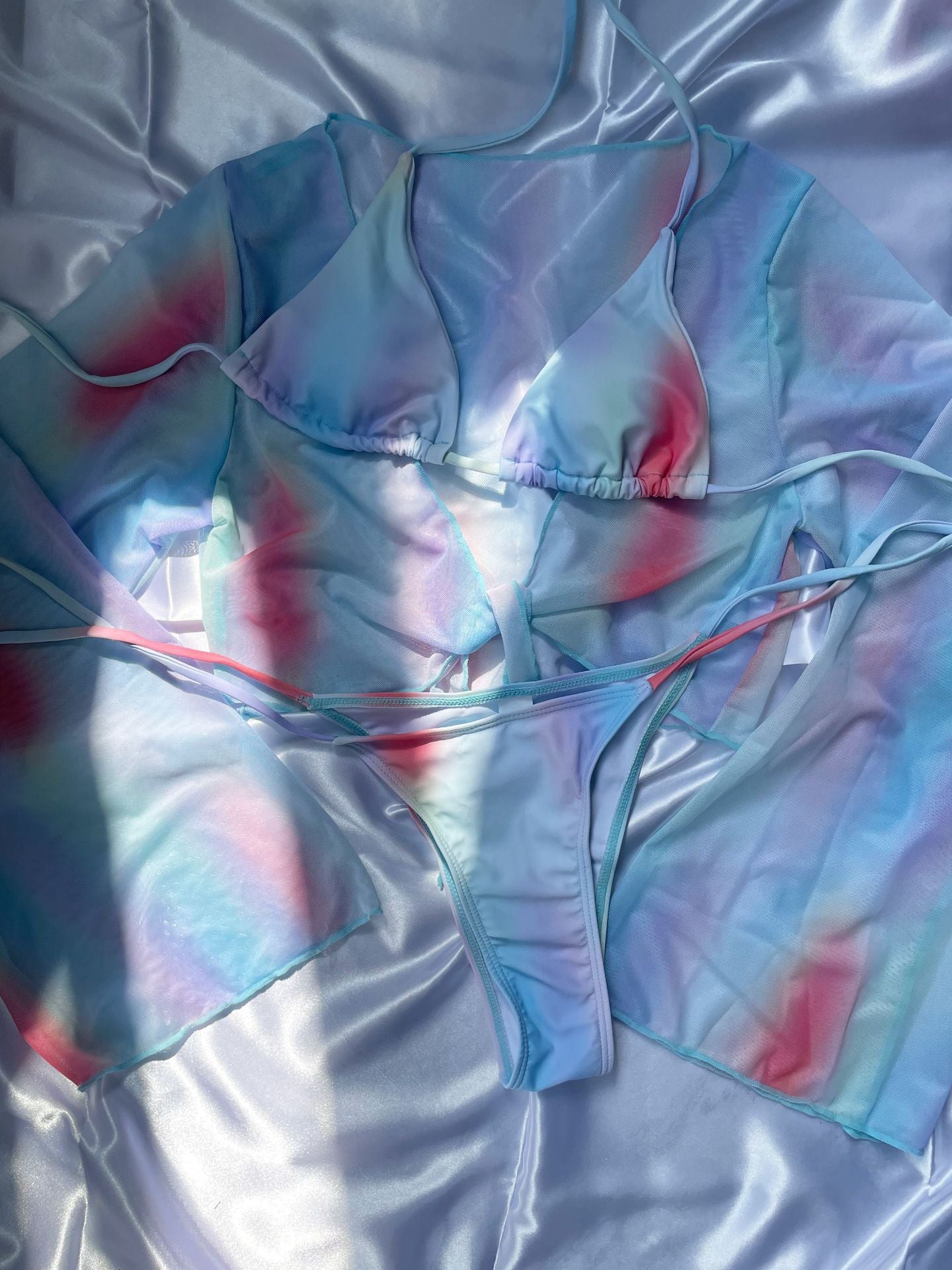 Three Piece Chiffon Bikini Set with Printed Cover Up Lace Up Top | noémi