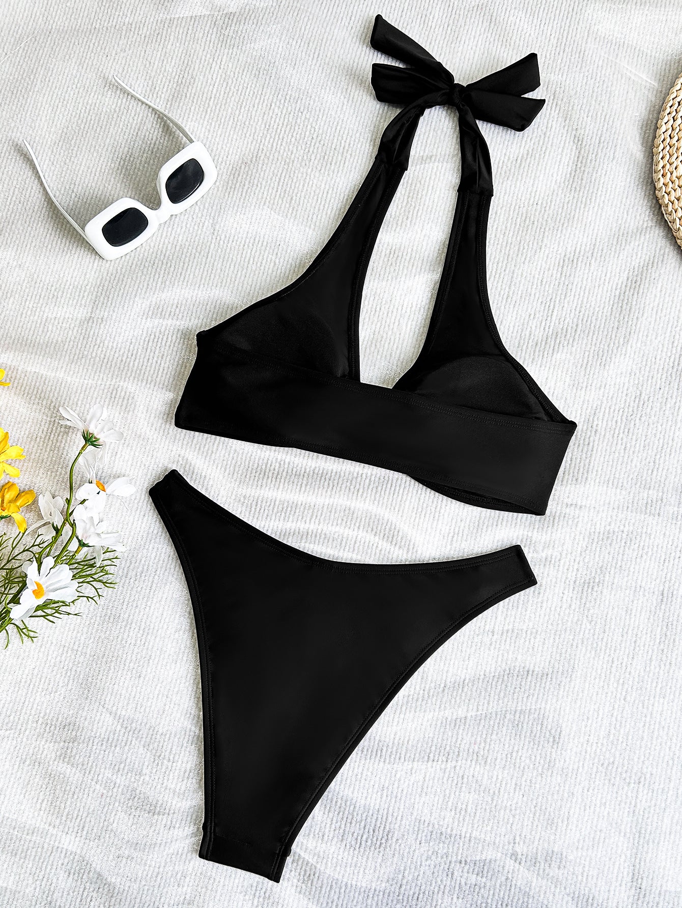 Black Halter Bikini with Gold Ring Detail | Lace Up Swimwear Set | noémi