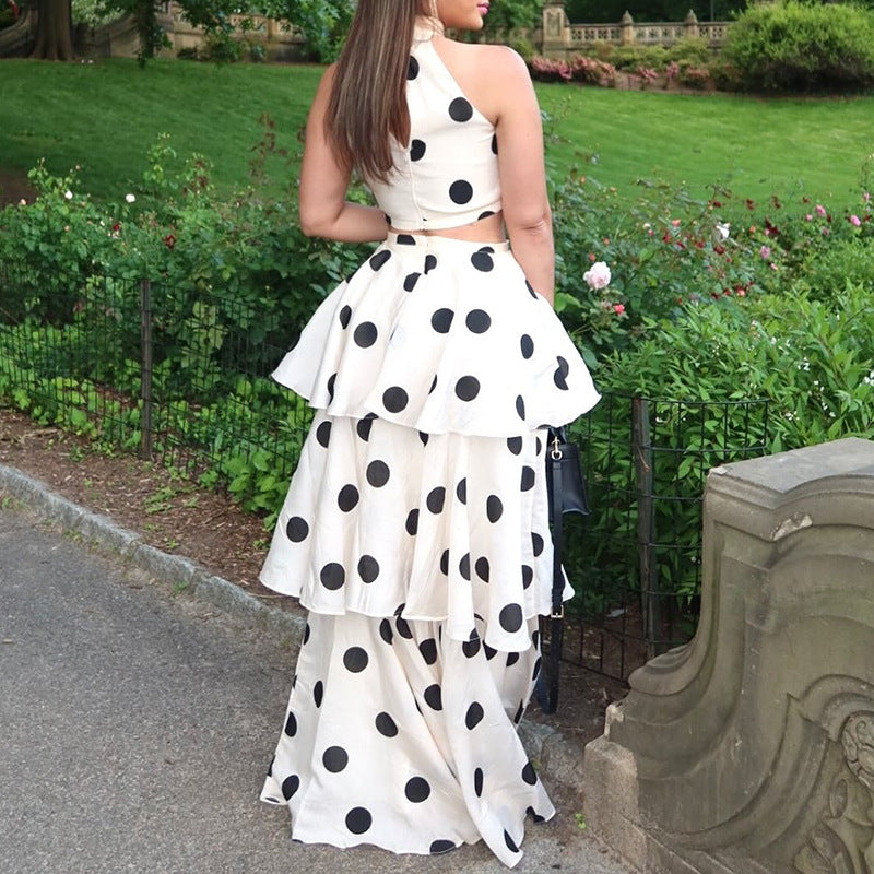 Polka Dot Summer Set | Halter Crop Top with High Waist Flounced Skirt | noémi