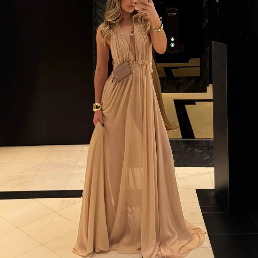 Summer Deep V Neck, Pleated Halter, Backless | Long Formal Gown | noémi
