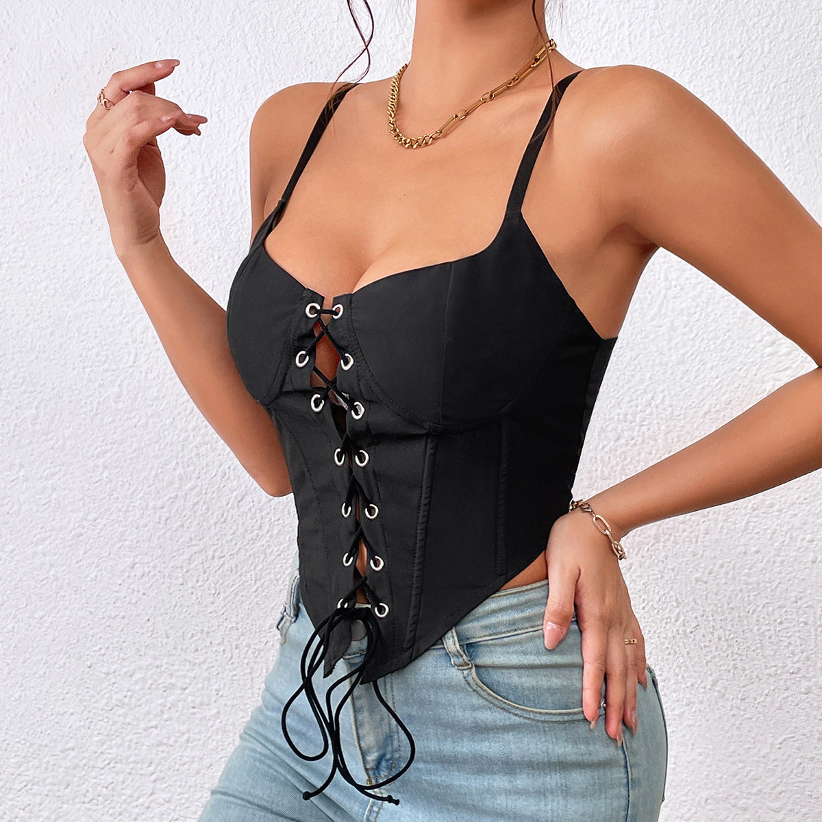 Slim Lace Up Corset Top with Boning & Button Detail | noémi