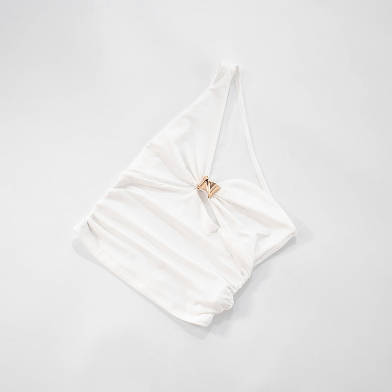 One Shoulder Cutout Top with Gold Ring | White Slim Fit Summer Tank | noémi