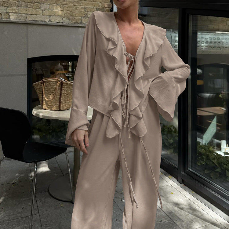 Ruffle V Neck Two Piece Set | Lace Up Blouse & Wide Leg Pants | noémi