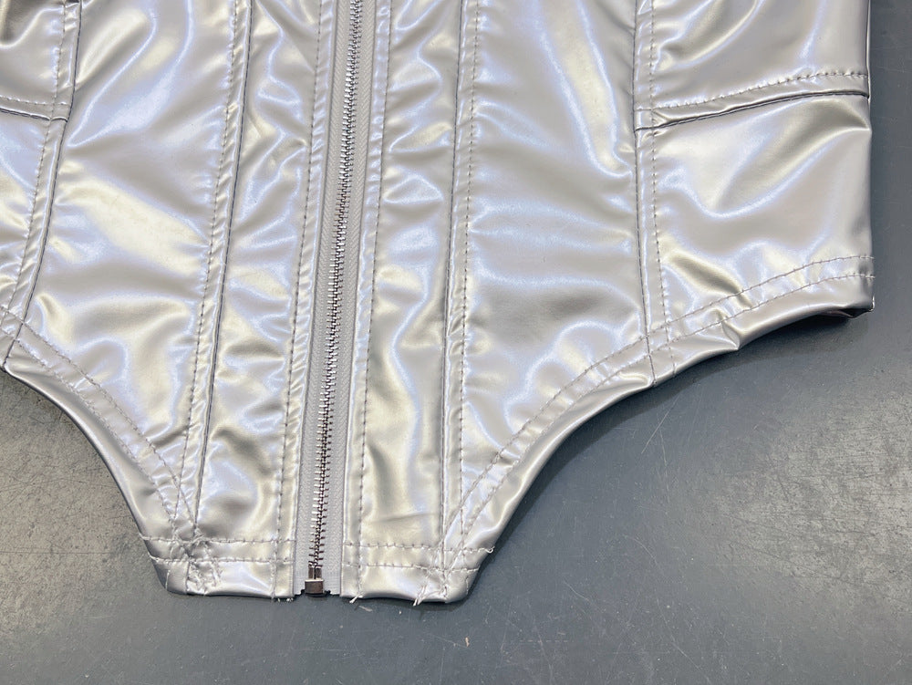 Metallic Faux Leather Corset Top | Silver ZipUp Boned Tube Top with Off Shoulder Detail | noémi