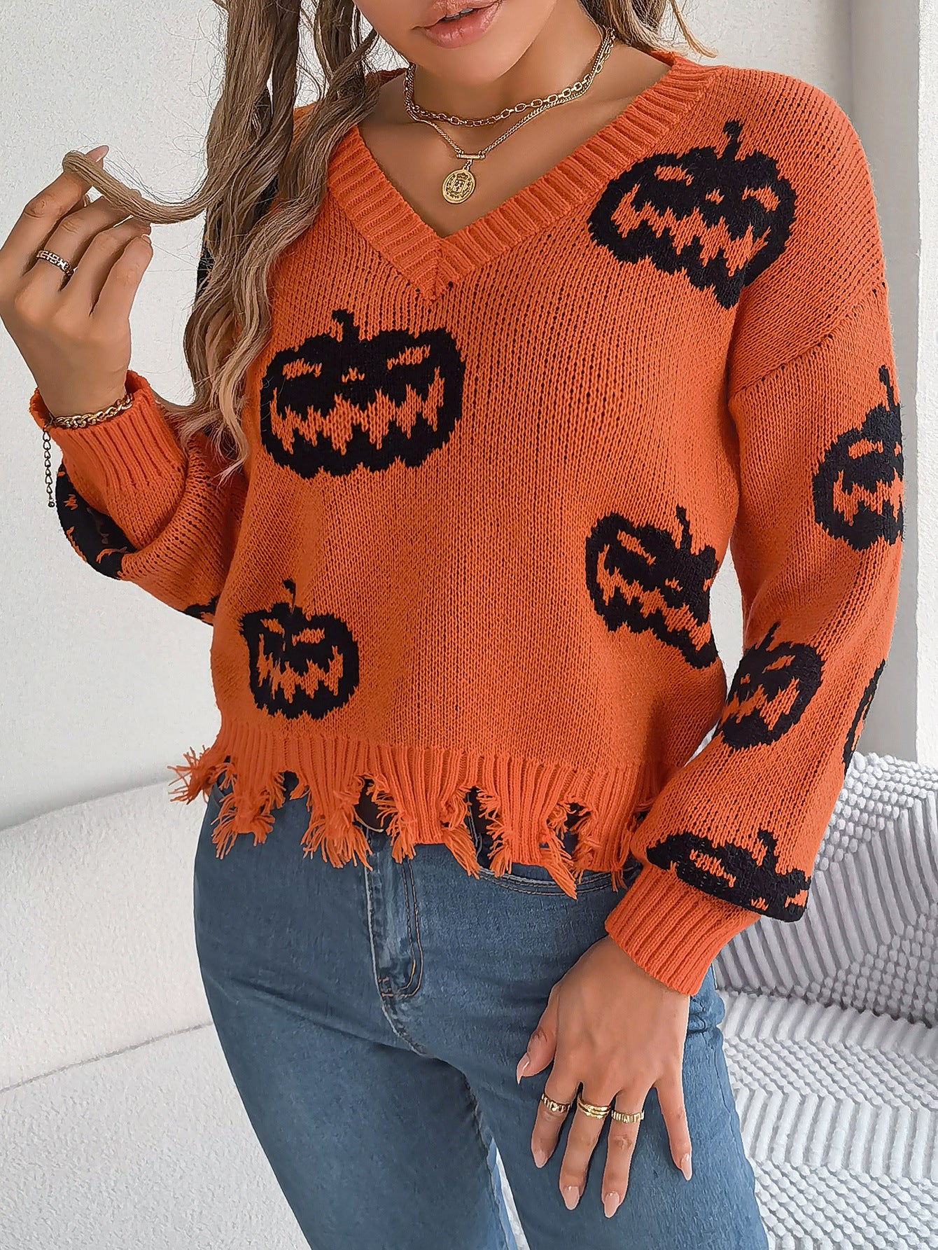 Halloween Pumpkin Sweater for Women | Cut Out Pullover with Distressed Hem | noémi