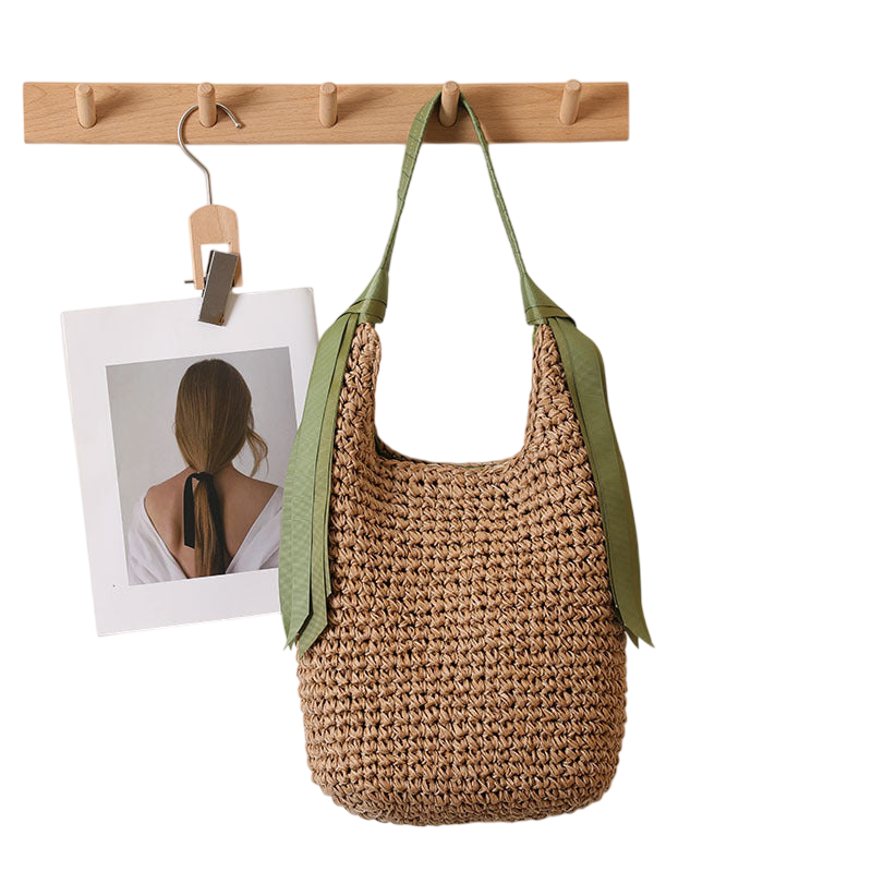 Straw Ribbon-Shoulder Tote Bag – Large Capacity Beach Carryall, Natural/Blue | noémi